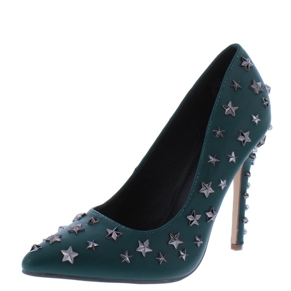 Teal Green Vegan Leather Rockstar Studded High Heel Stiletto Pumps - Picture 1 of 3